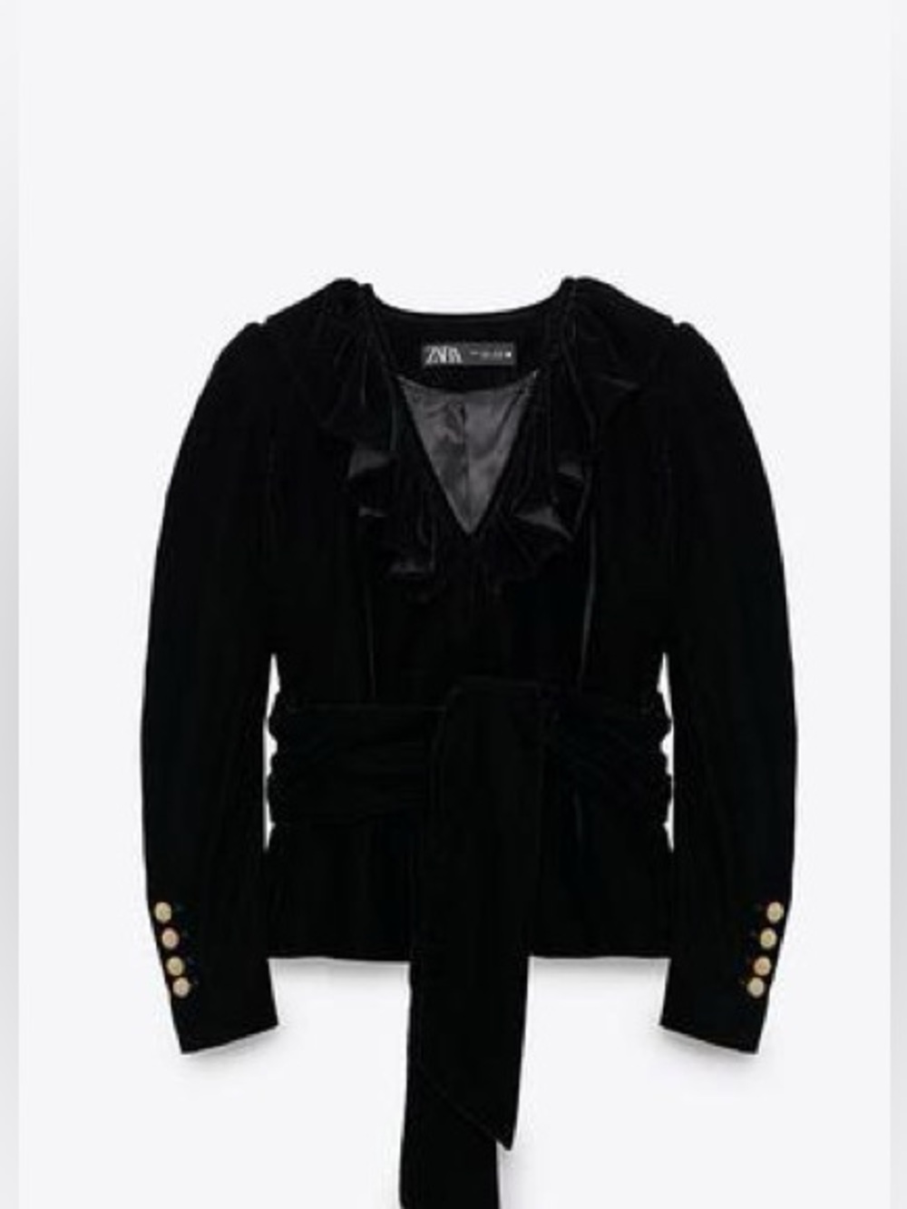 Zara Black Velvet Jacket Ruffle Neckline Sash Tie Waist Gold Button Cuffs Sz S